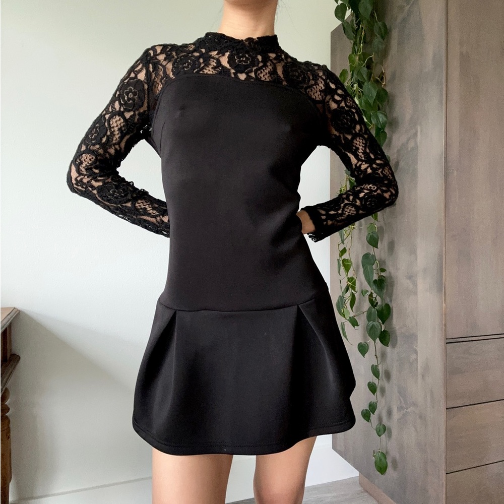 True Vintage Black Lace Panel Peplum Dress